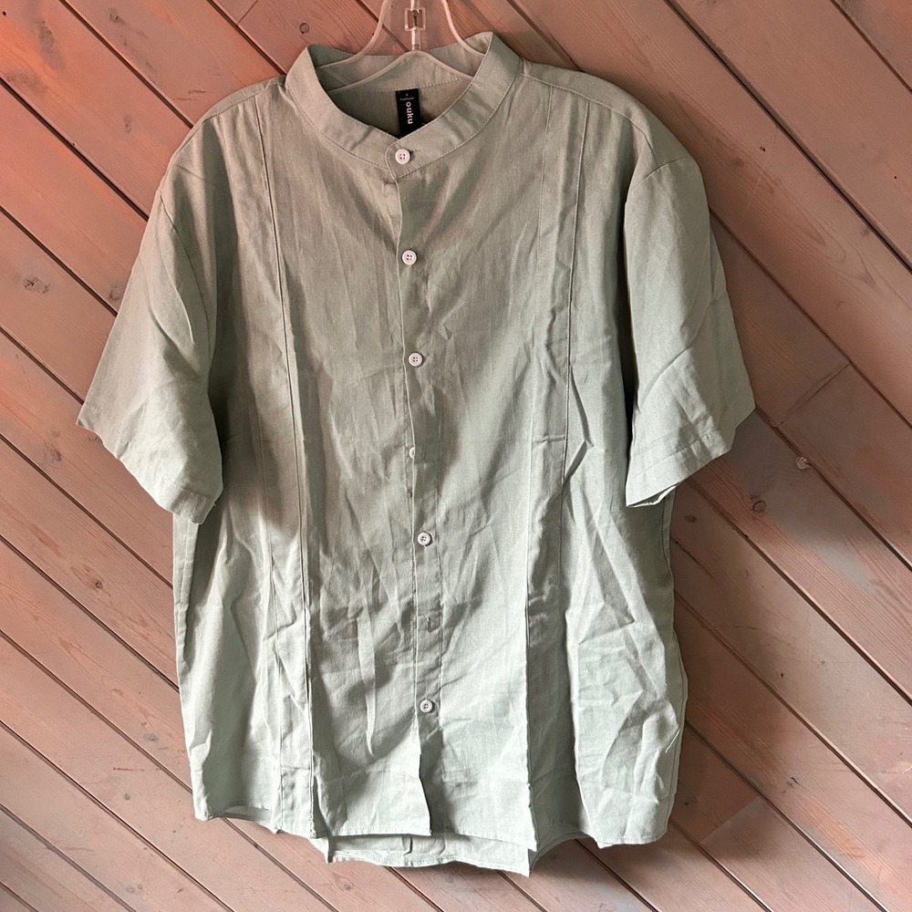Ouku Mens Cotton Linen Mandarin Collar Shirt Sage Green Short Sleeve Large